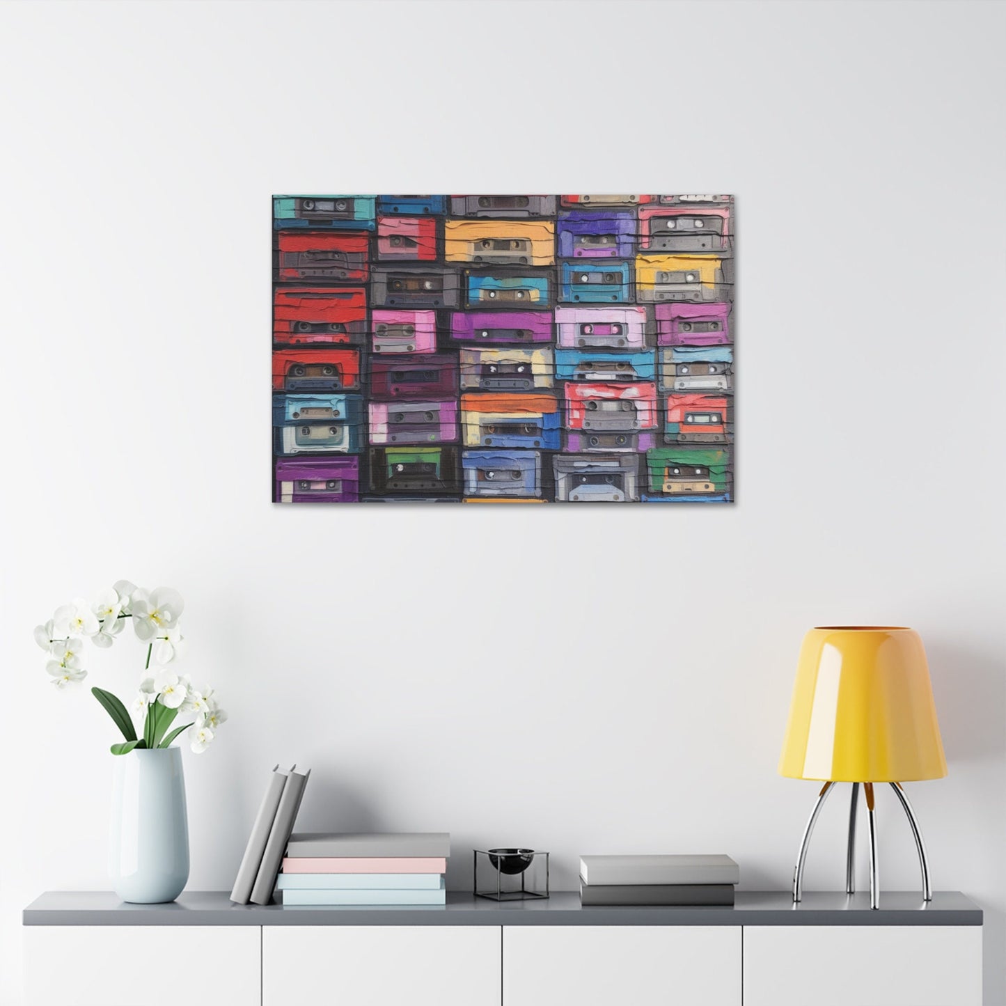 Unique College Dorm or New Apartment Wall Art | Print of textured painting of tapes, cassettes, 80's music. Ai generated.