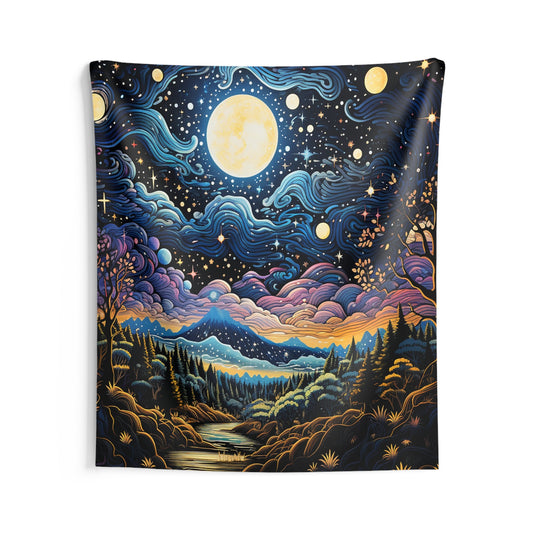 Trippy Moon and Stars Landscape Indoor Wall Tapestries for all your Smoker Friends. Unique AI Art designs for your dorm or chillout rooms.