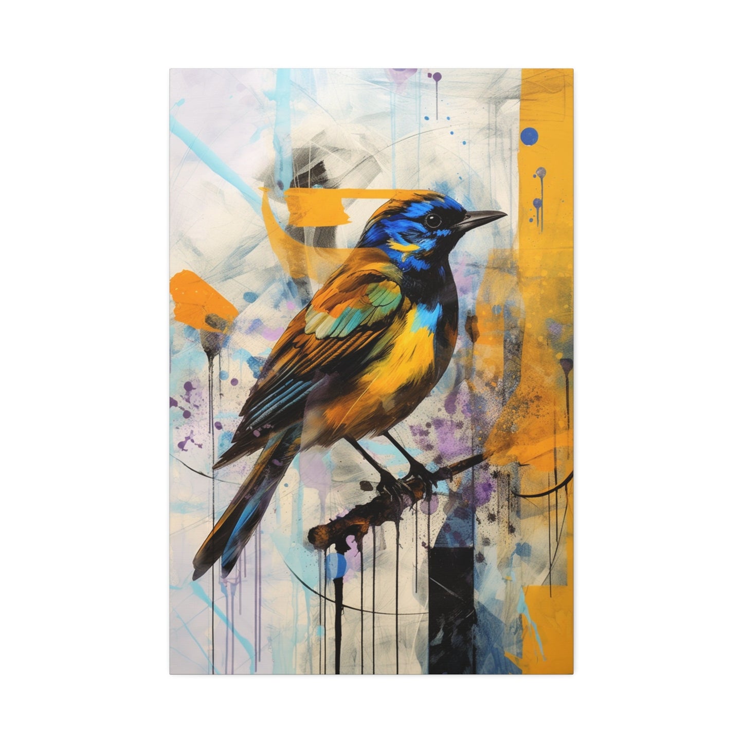 Unique College Dorm or New Apartment Wall Art | Abstract print of a yellow and blue bird. Ai generated digital painting.