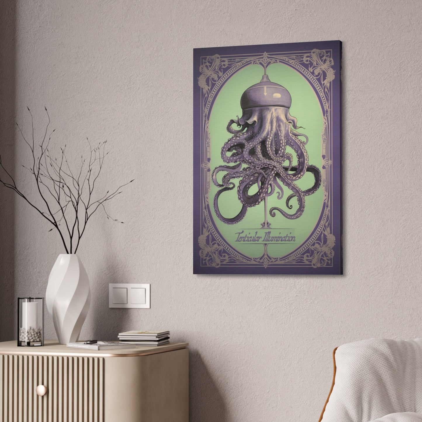 Unique College Dorm or New Apartment Wall Art | Art Nouveau liquor advertisement style print for an octopus light. Ai generated.