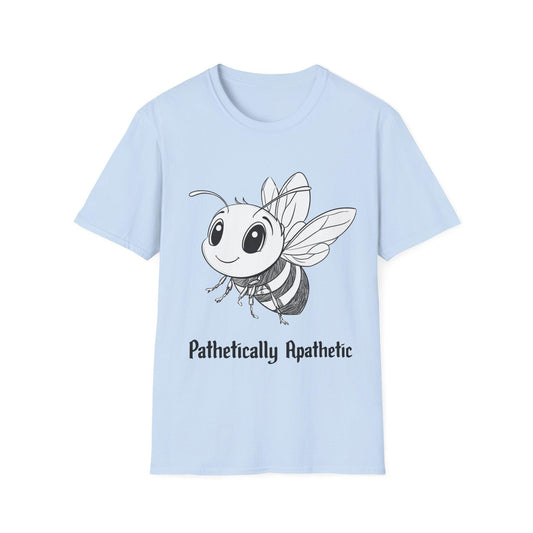 Funny Smiling Bee Unisex Softstyle T-Shirt, Cartoon Pencil, 'Pathetically Apathetic' Tee, Gift for Bee Lover, Humor Graphic Shirt