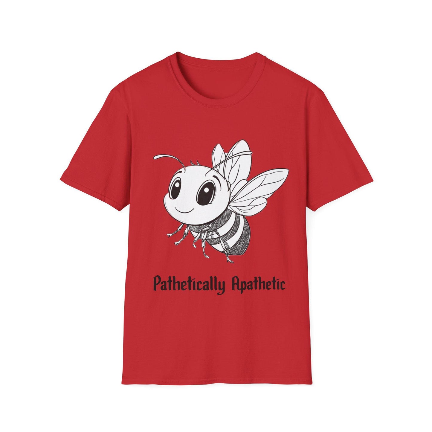 Funny Smiling Bee Unisex Softstyle T-Shirt, Cartoon Pencil, 'Pathetically Apathetic' Tee, Gift for Bee Lover, Humor Graphic Shirt