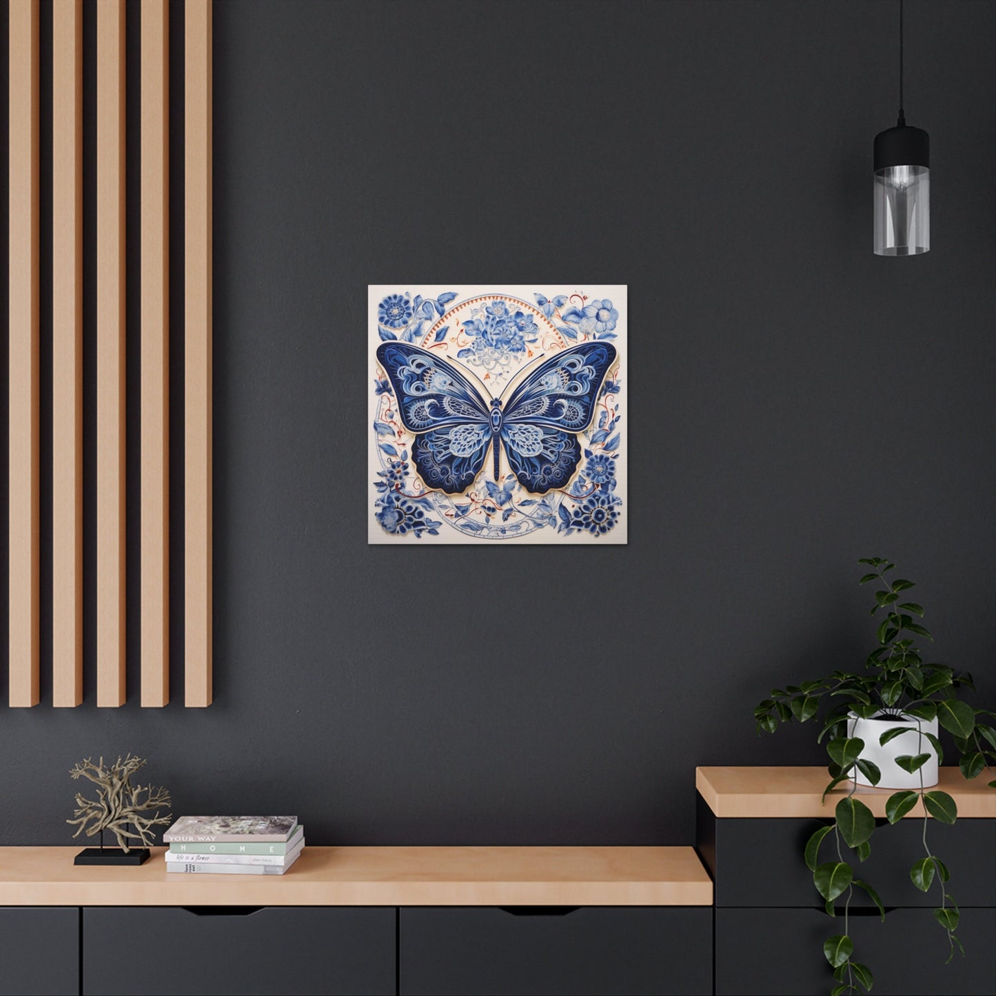 Unique Wall Art for your Home, Apartment or Dorm Room. Butterfly and in the style of Qinghua pottery. Blue, Orange & white. Awesome 4 U.