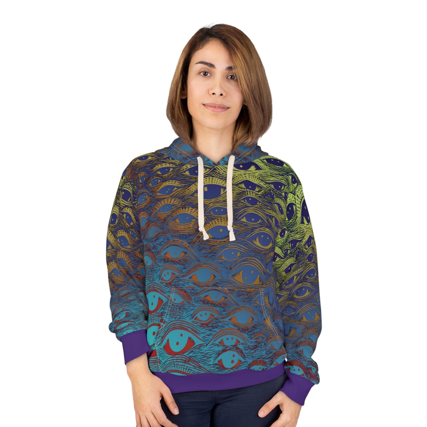 All Eyes On Me Color Hoodie | Unisex Pullover with Hypnotic Eye Design Unique, Trendy Streetwear. Multicolored one-of-a-kind sweatshirt.