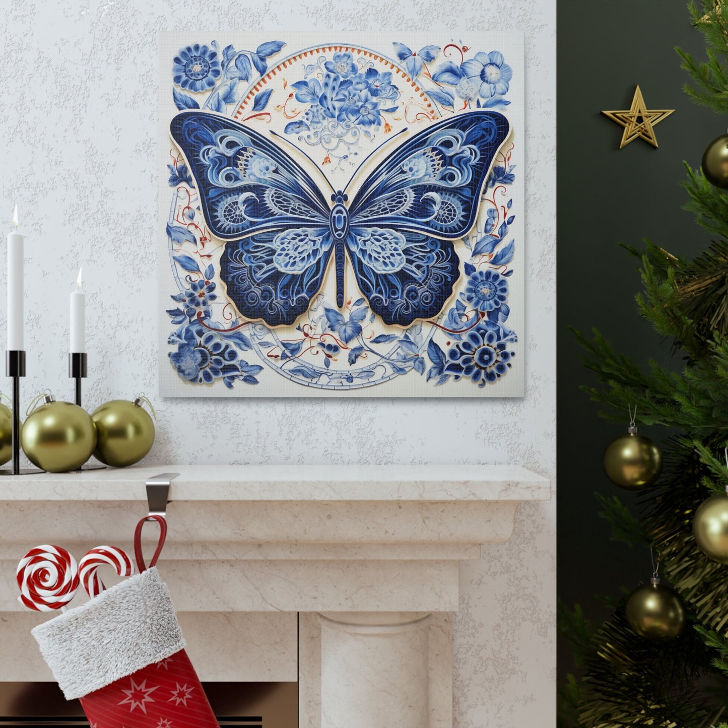 Unique Wall Art for your Home, Apartment or Dorm Room. Butterfly and in the style of Qinghua pottery. Blue, Orange & white. Awesome 4 U.