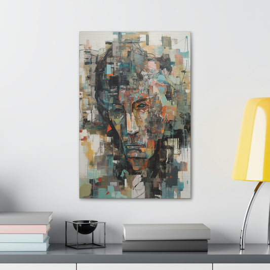 Sorrow of Desires. Ai Wall Art Abstract painting print of a sullen man. Brightly colored with teal, red, and orange on a beige background.