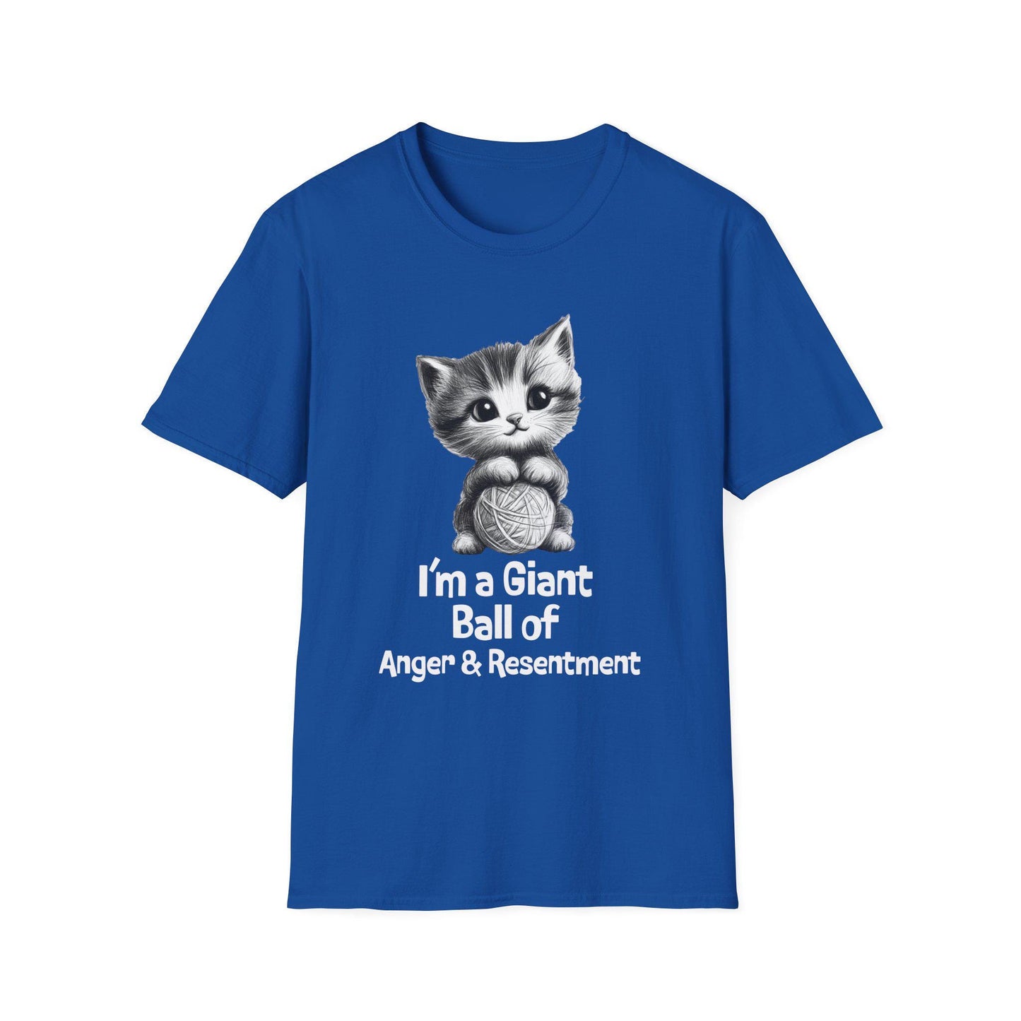 Funny Cat Tshirt - Unisex Softstyle Tee with 'I'm a giant ball of anger and resentment' - Cute Kitty Graphic, Cat Lover Gift, Sarcastic Tee,