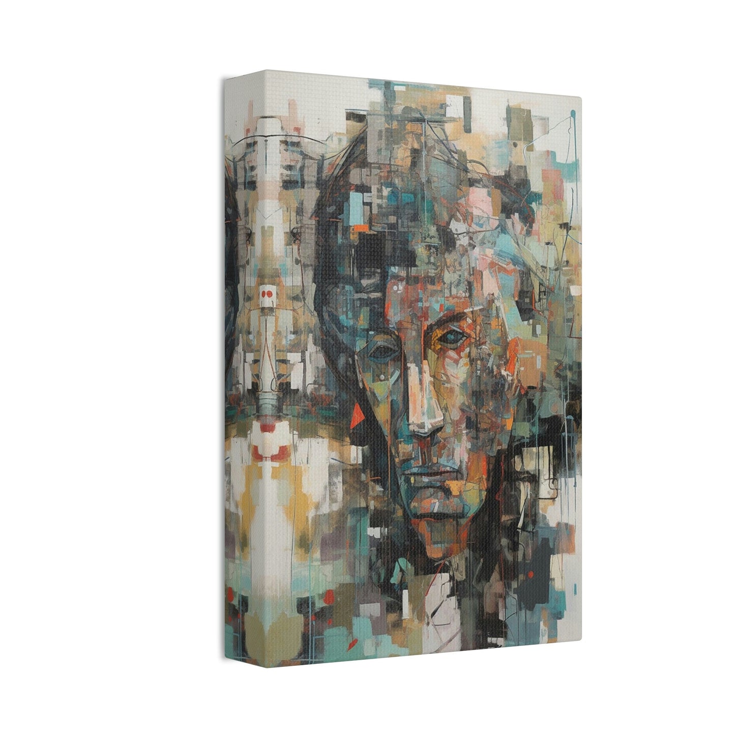 Sorrow of Desires. Ai Wall Art Abstract painting print of a sullen man. Brightly colored with teal, red, and orange on a beige background.
