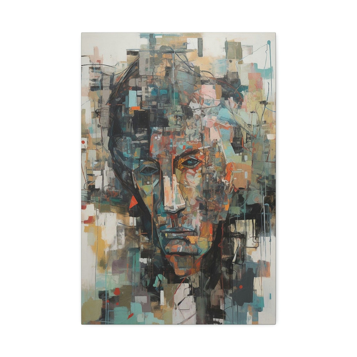 Sorrow of Desires. Ai Wall Art Abstract painting print of a sullen man. Brightly colored with teal, red, and orange on a beige background.