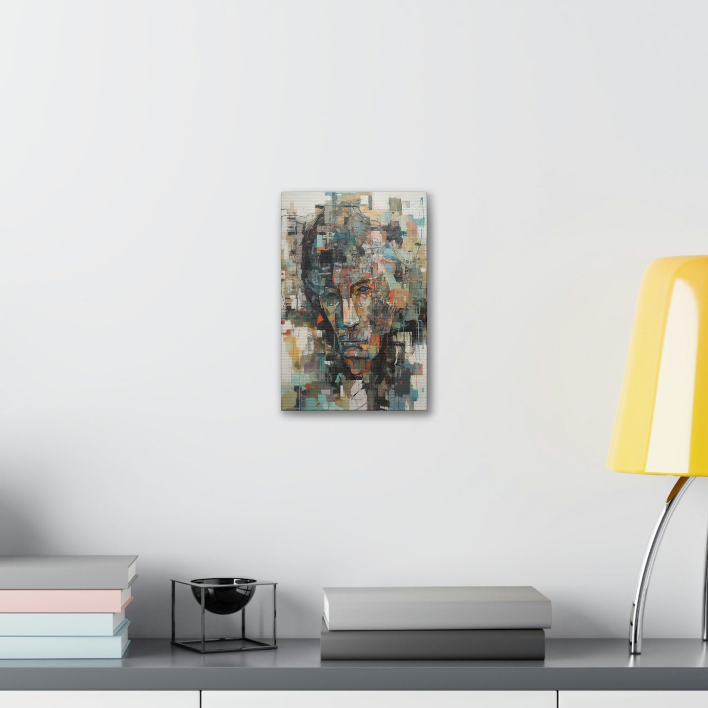 Sorrow of Desires. Ai Wall Art Abstract painting print of a sullen man. Brightly colored with teal, red, and orange on a beige background.