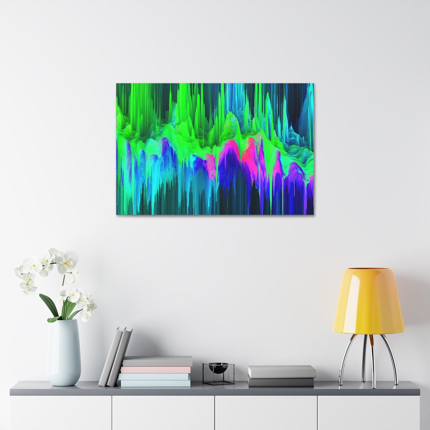 Unique College Dorm, Home or Apartment Wall Art | Green, Teal, Purple, and Pink Neon Pixel Drift Art. Ai generated.