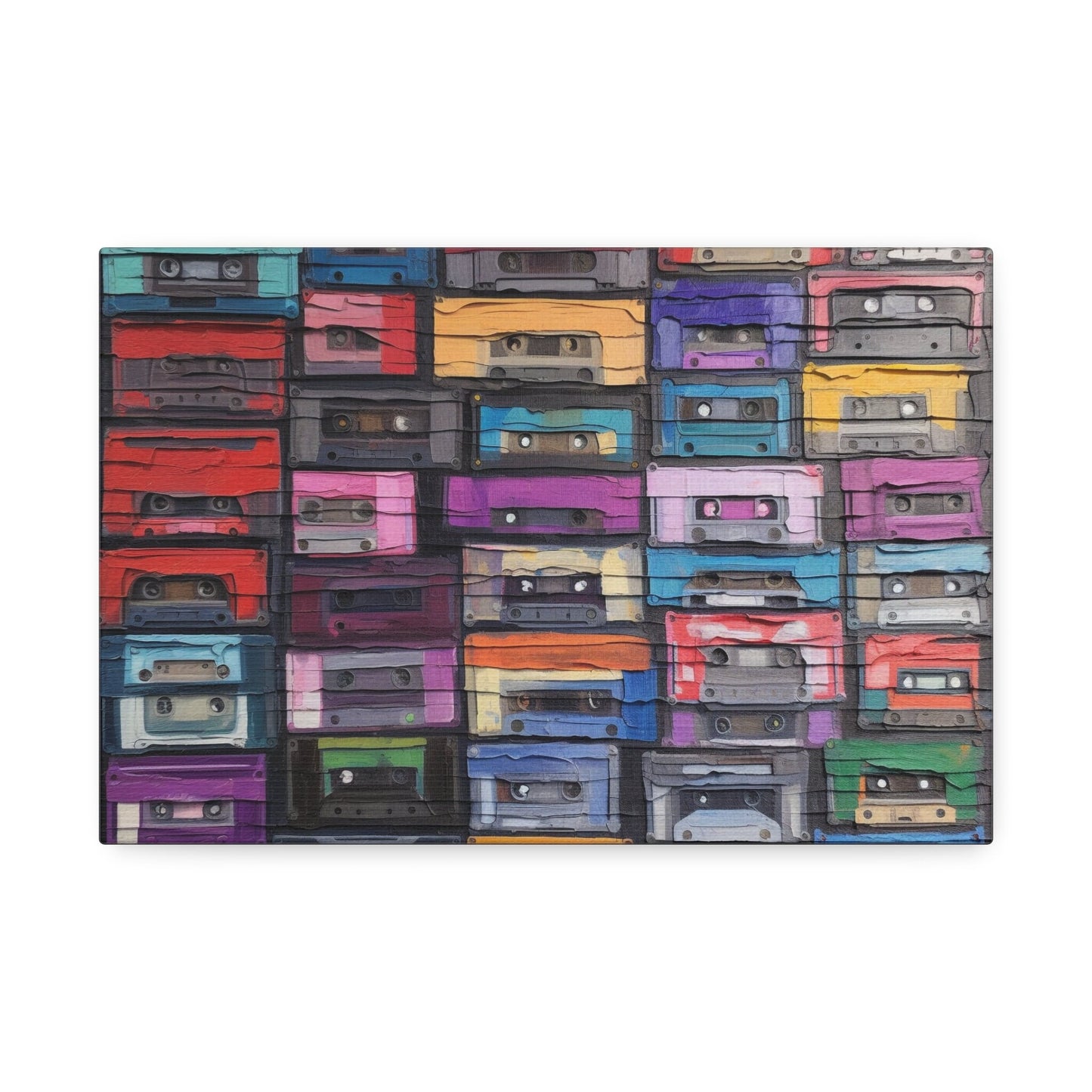 Unique College Dorm or New Apartment Wall Art | Print of textured painting of tapes, cassettes, 80's music. Ai generated.