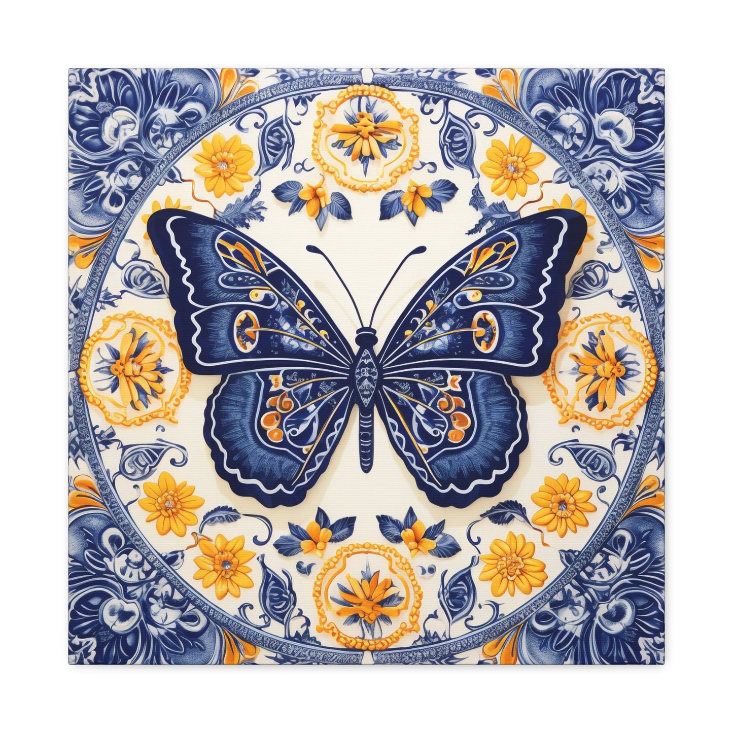 Unique Wall Art for your Home, Apartment or Dorm Room. Butterfly in the style of Qinghua pottery #2. Blue, Orange & white. Awesome 4 U.