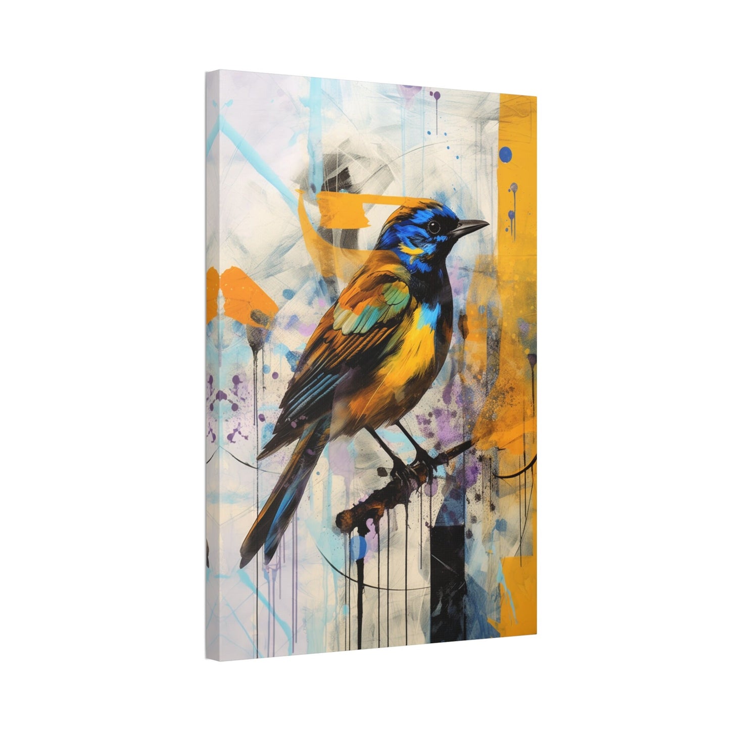 Unique College Dorm or New Apartment Wall Art | Abstract print of a yellow and blue bird. Ai generated digital painting.