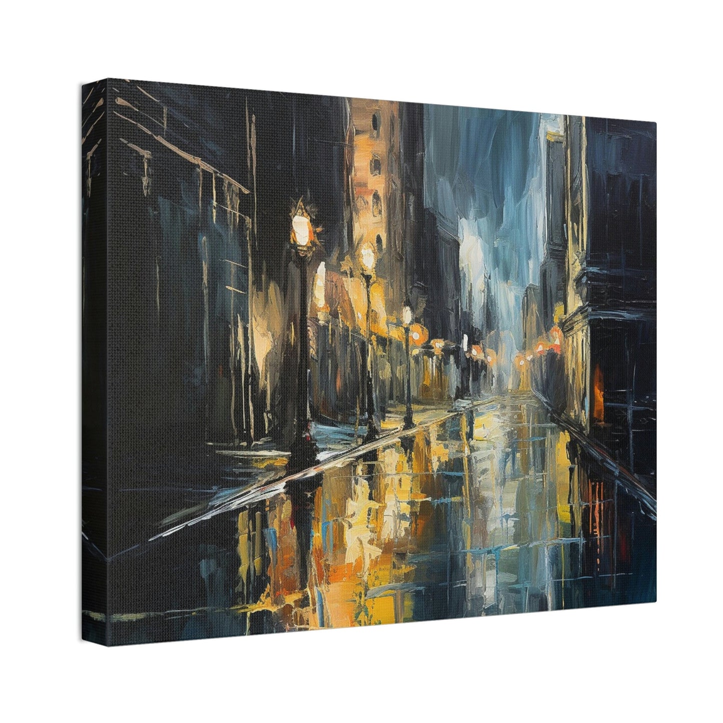Impressionistic style Ai Wall Art. Sodden City, shows a dark and wet street scene bursting with reflections and soaked to the bone.