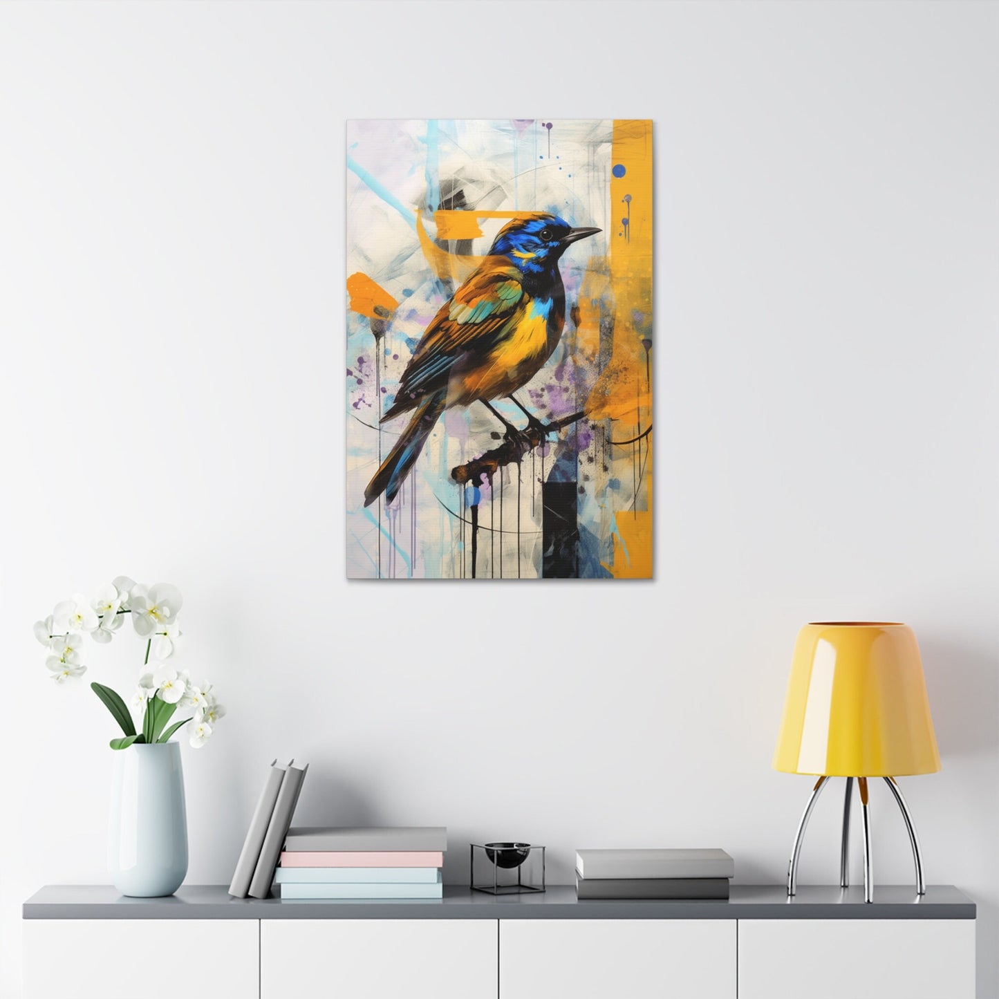 Unique College Dorm or New Apartment Wall Art | Abstract print of a yellow and blue bird. Ai generated digital painting.
