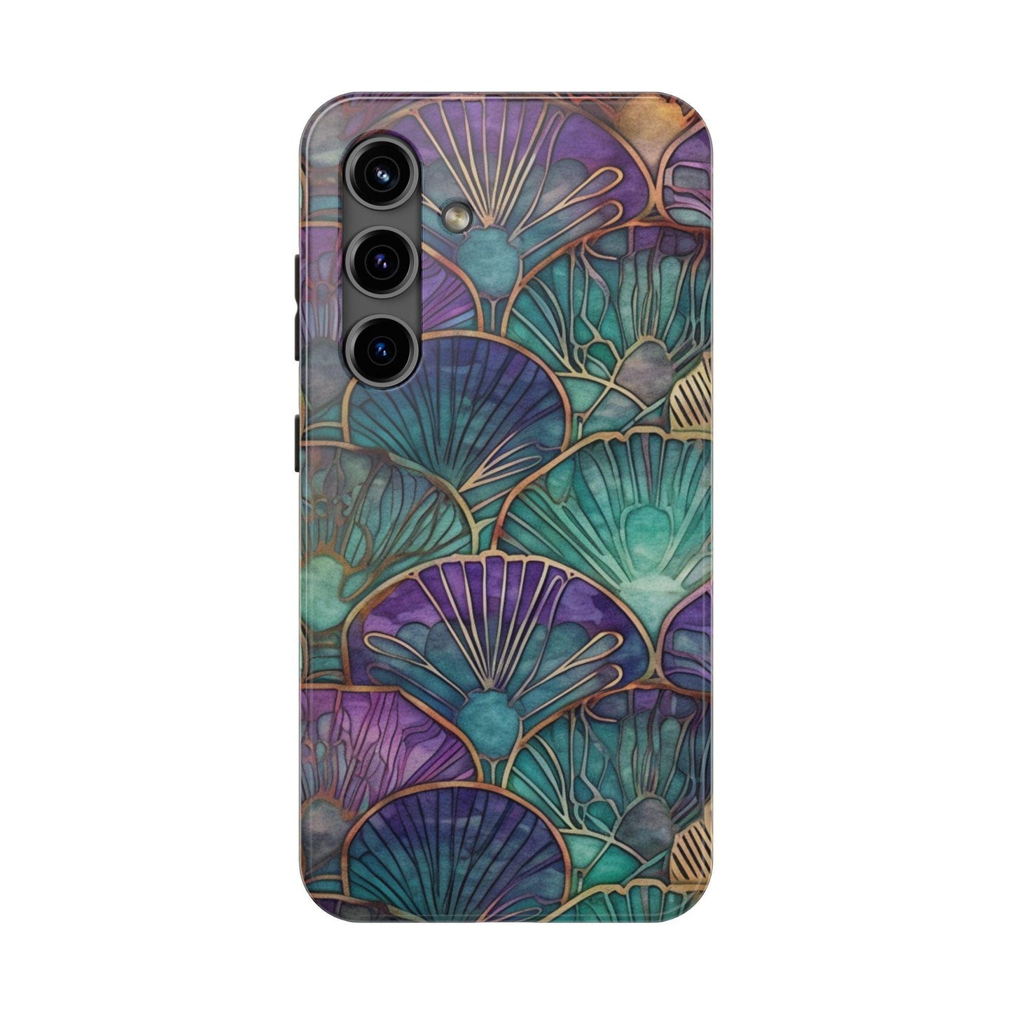 Ai Generated Art. Teal, Purple and Gold Stained Glass Shells : Tough Samsung Galaxy or iPhone Case
