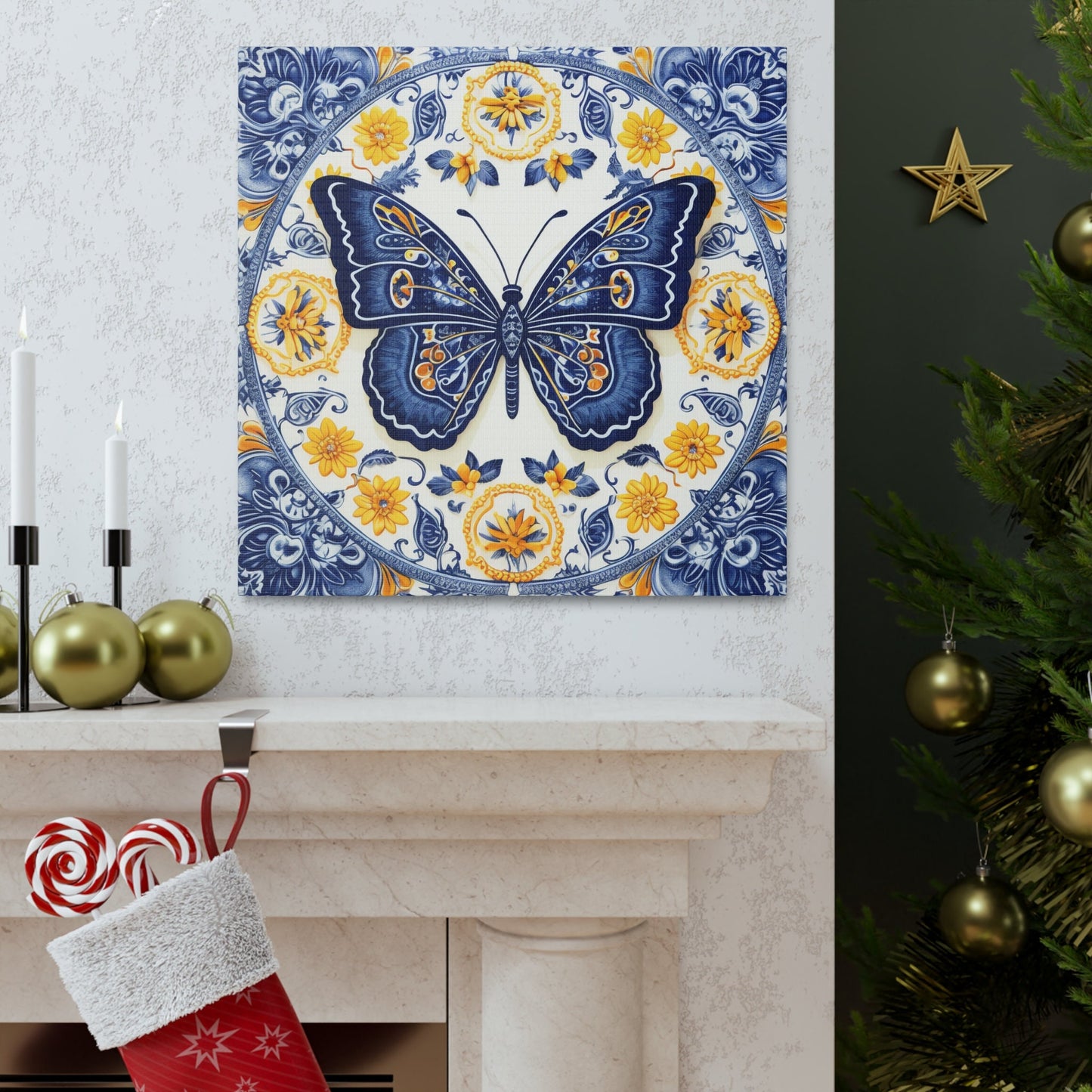 Unique Wall Art for your Home, Apartment or Dorm Room. Butterfly in the style of Qinghua pottery #2. Blue, Orange & white. Awesome 4 U.