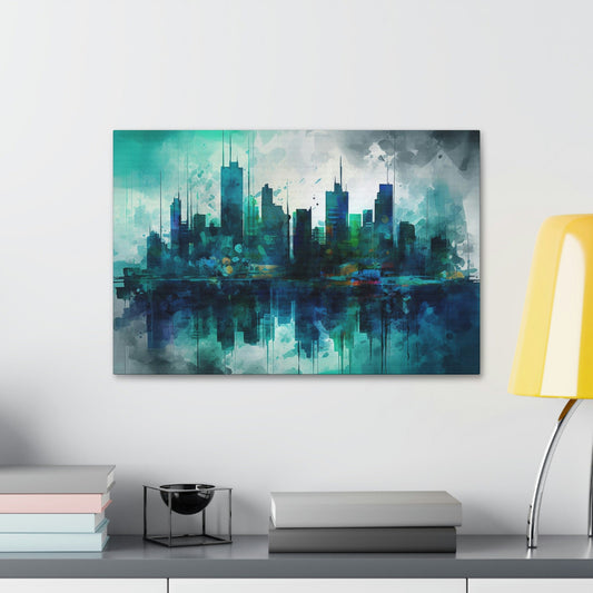 Unique wall art for college apartments or new homes | Greens and Blues of a reflected Waterfront Skyline: Ai Wall Art
