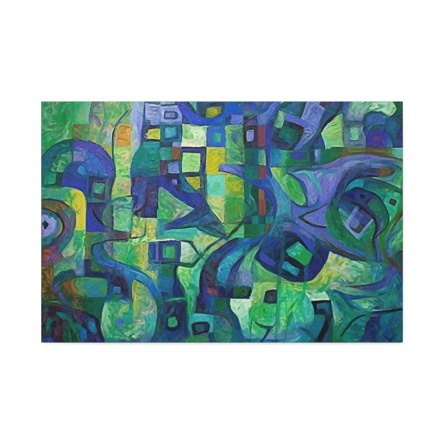 The Octopus: Ai Generated Abstract Painting Style Wall Art. Brightly colored piece. Will brighten up a dull room. Green & purple highlights.