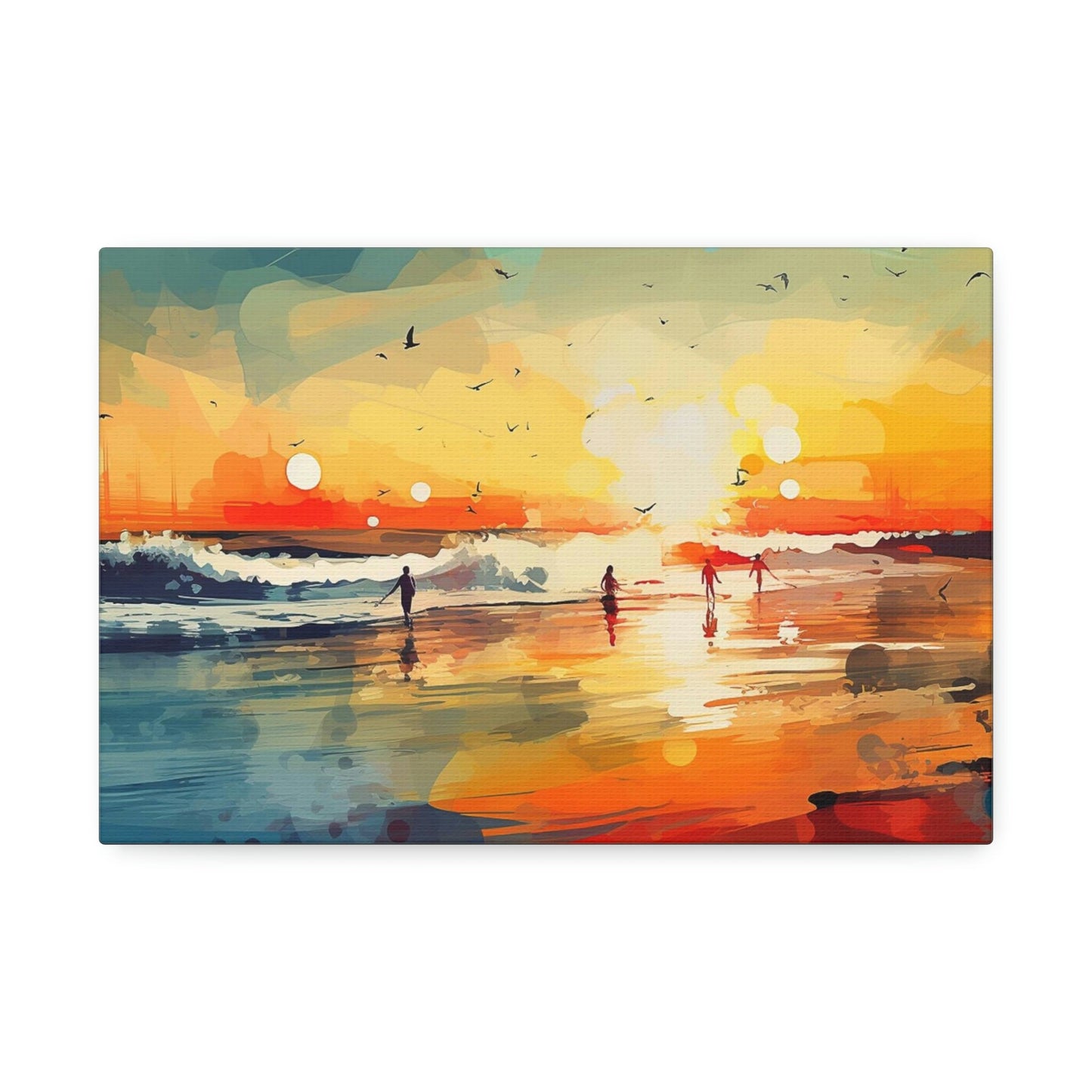 Surfer's Sunset Paradise. Ai Wall Art Impressionist style Painting Print showing a brilliant oceanside sunset .