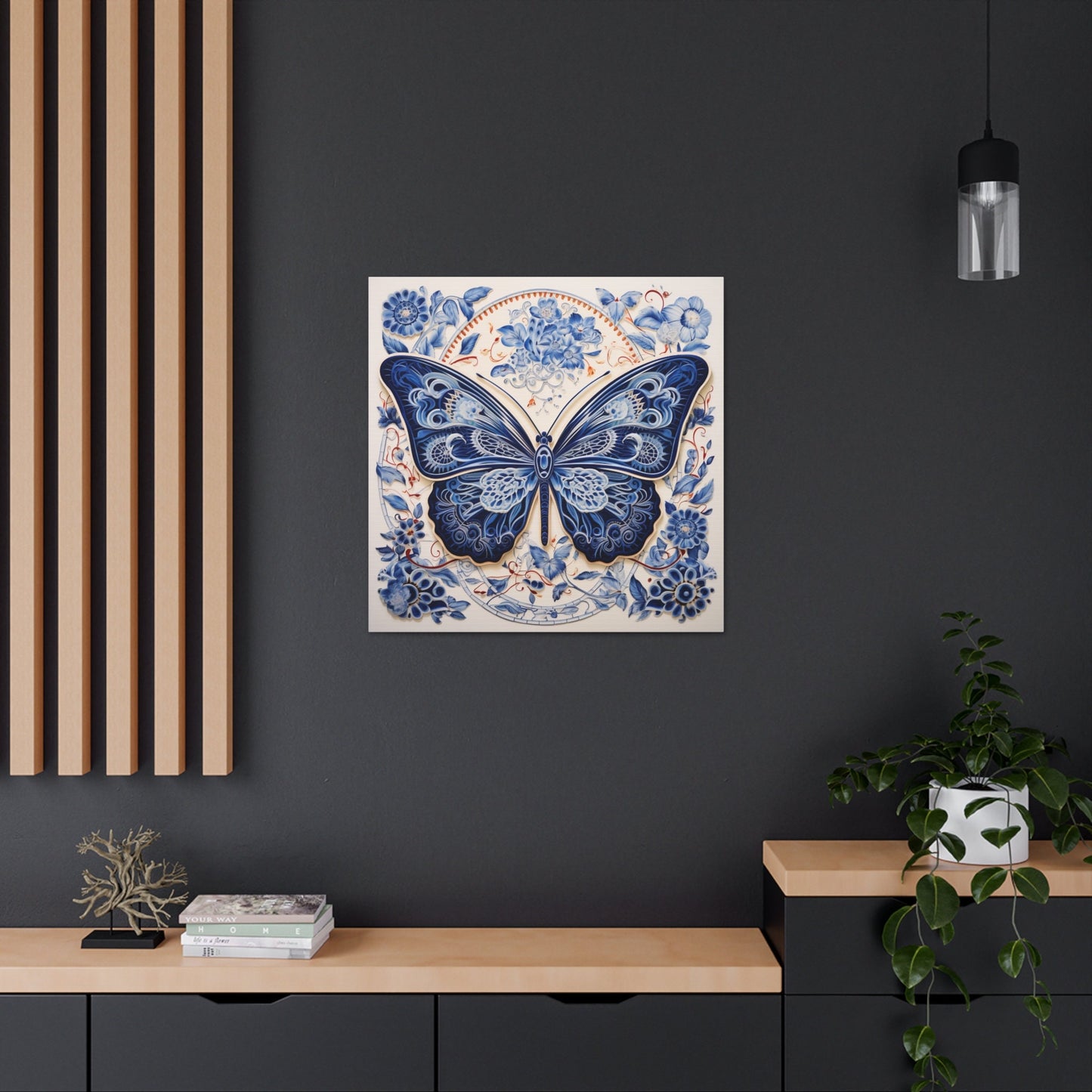 Unique Wall Art for your Home, Apartment or Dorm Room. Butterfly and in the style of Qinghua pottery. Blue, Orange & white. Awesome 4 U.
