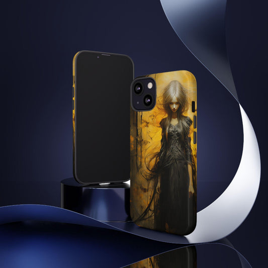 Phone Case, Creepy Girl in Black Dress Halloween Style on Yellow Gloss/Matte Cover, Spooky Gothic Design, Scary Witch Samsung/iPhone Case,