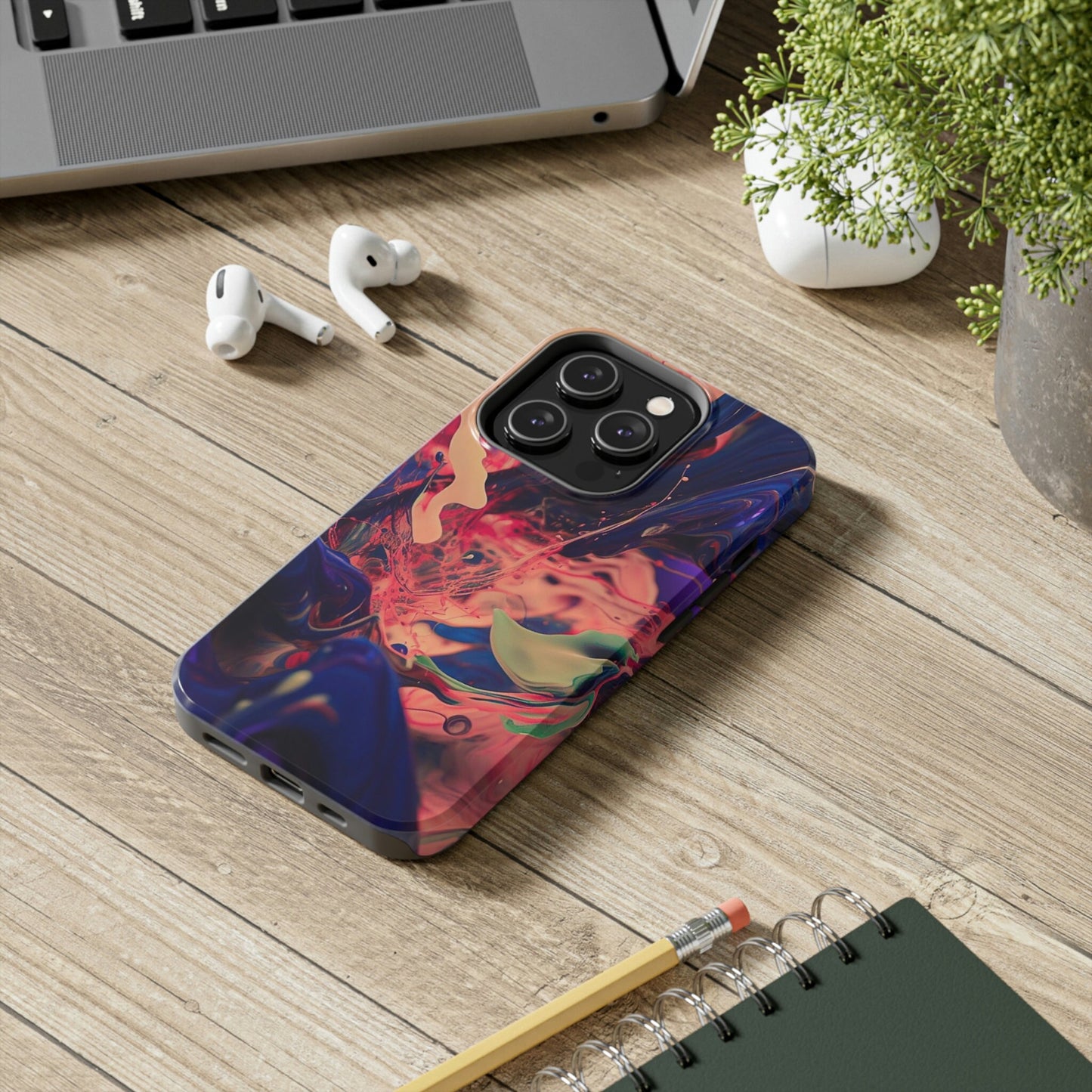 Purple, Peach, Pink, and Black Paint Splash iPhone Tough Case | AI Generated Art