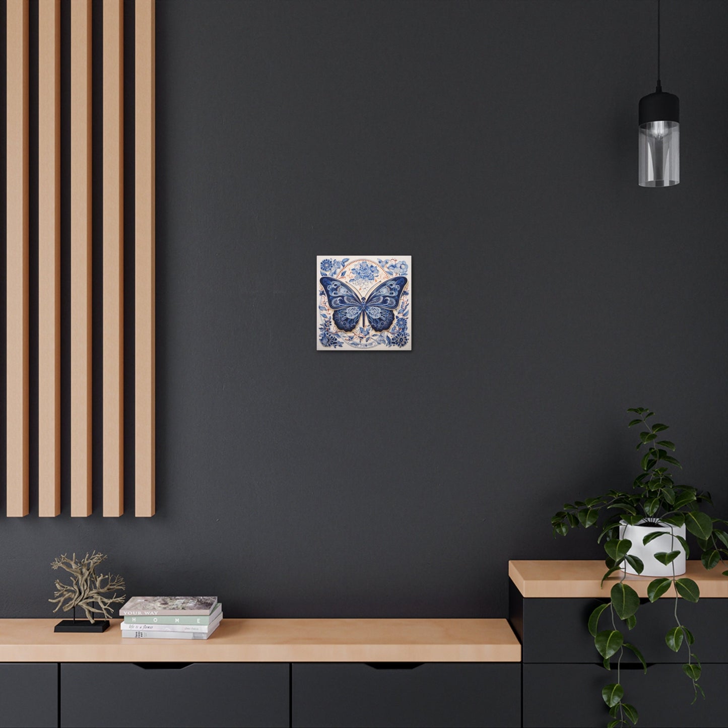 Unique Wall Art for your Home, Apartment or Dorm Room. Butterfly and in the style of Qinghua pottery. Blue, Orange & white. Awesome 4 U.