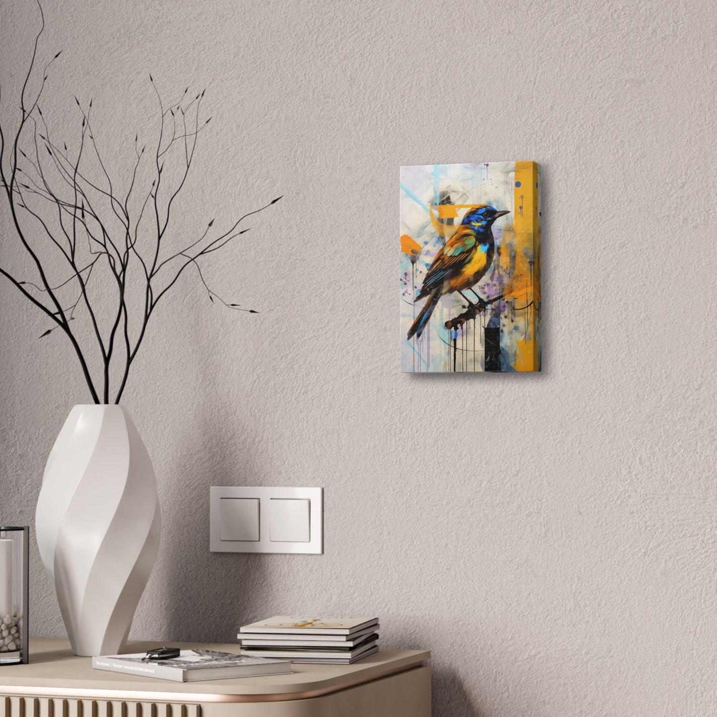 Unique College Dorm or New Apartment Wall Art | Abstract print of a yellow and blue bird. Ai generated digital painting.