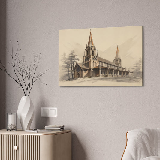 Unique wall art for college apartments or new homes | Architectural Drawing of a Church no.1 on weathered canvas | Ai Wall Art