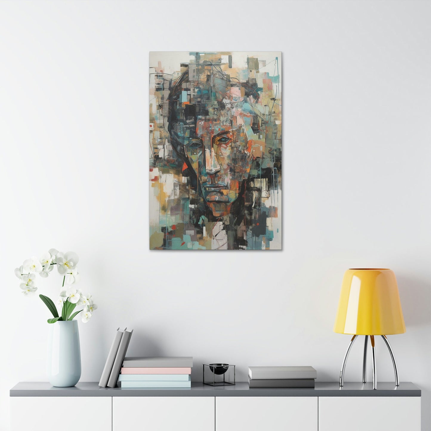 Sorrow of Desires. Ai Wall Art Abstract painting print of a sullen man. Brightly colored with teal, red, and orange on a beige background.