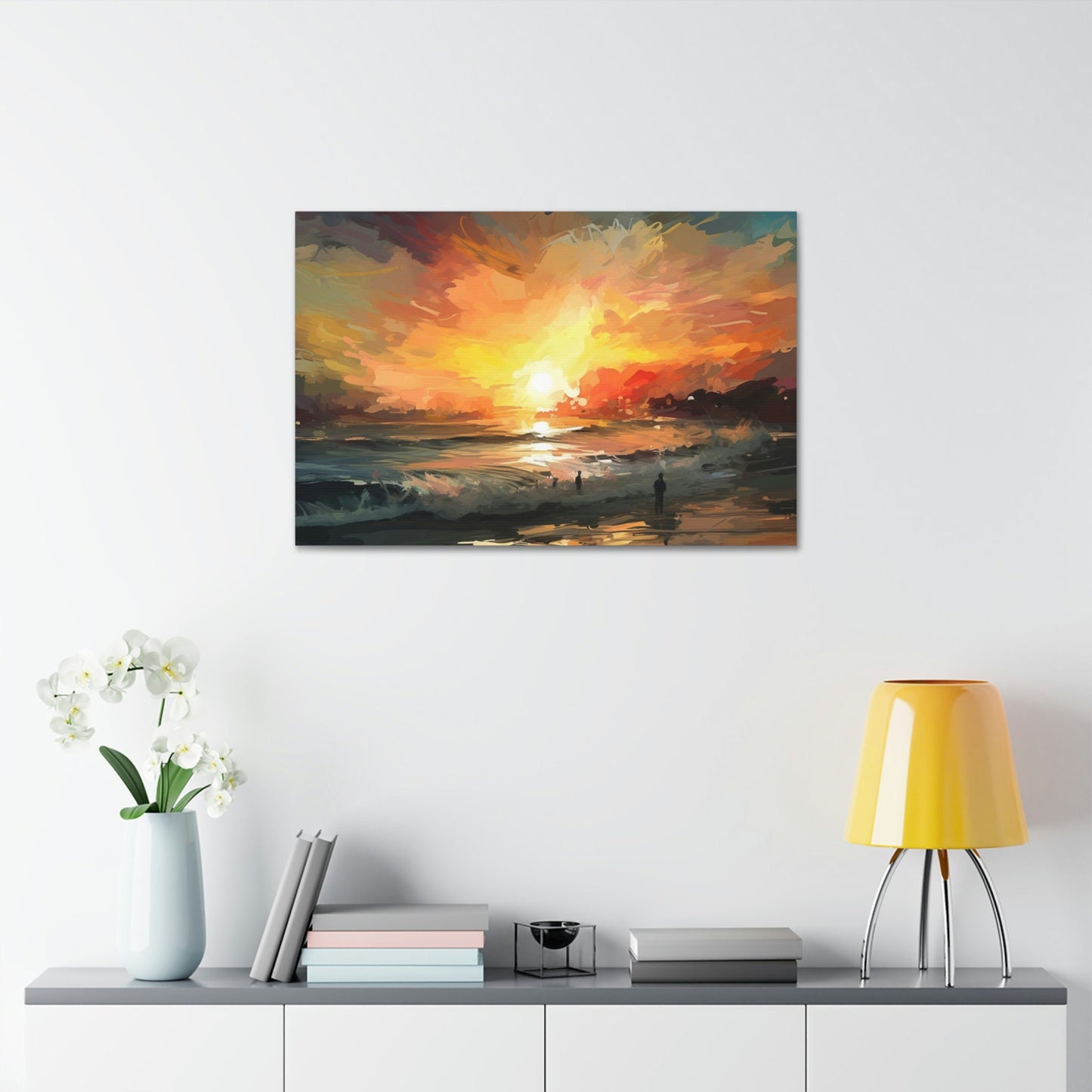 Unique wall art for college apartments or new homes | The Sky is on FIRE, Let's Surf!. Ai Art of a fiery sunset over the ocean.