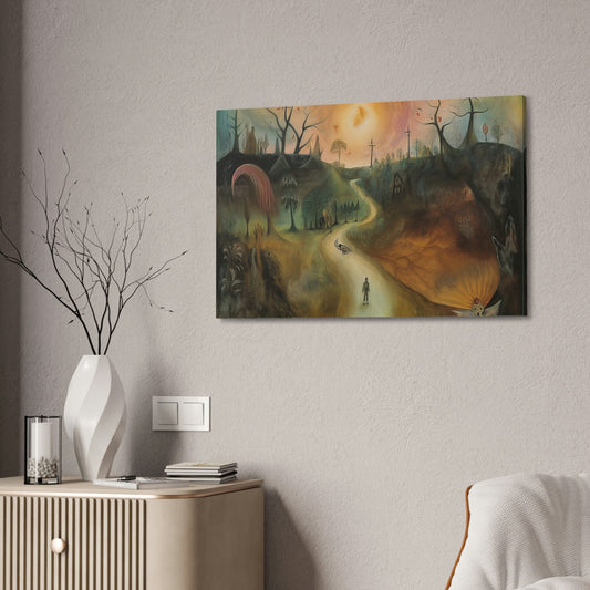 Sleep Paralysis Road: AI generated version of the a Surrealistic piece meant to be haunting and dreamy wall art. Ode to Leonora Carrington.