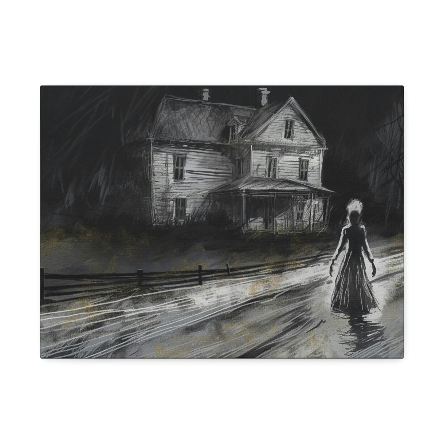 Haunting Charcoal and Pastel Sketch of a slender dark woman on a lonely path by an ominous house: AI generated ominous wall art.