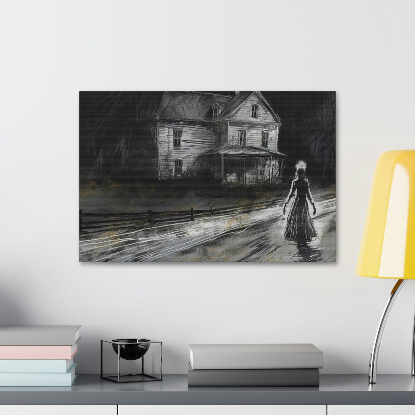 Haunting Charcoal and Pastel Sketch of a slender dark woman on a lonely path by an ominous house: AI generated ominous wall art.