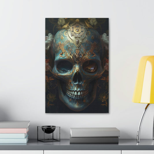 Ornate Skull #1: AI hyper realistic wall art painting of a sky blue skull covered in ornate designs & decorations. The first of many.