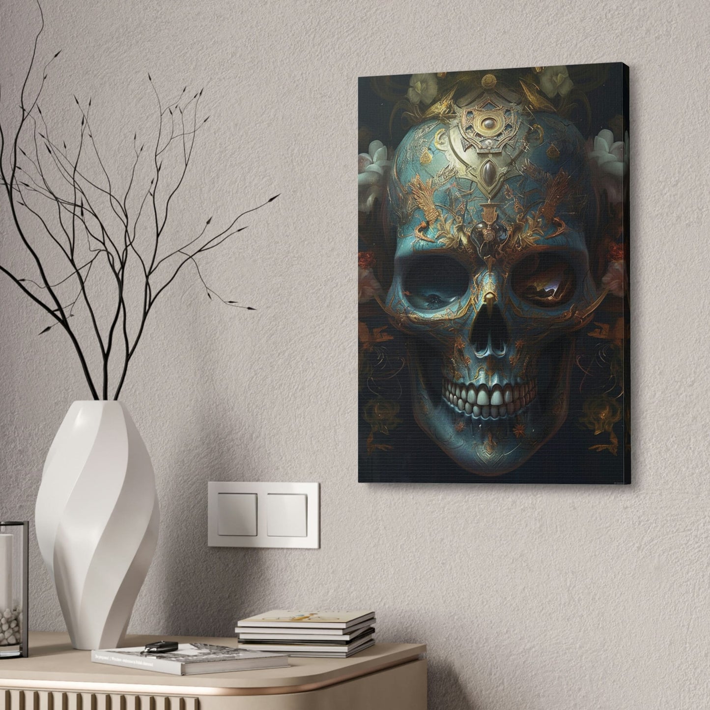 Ornate Skull #1: AI hyper realistic wall art painting of a sky blue skull covered in ornate designs & decorations. The first of many.