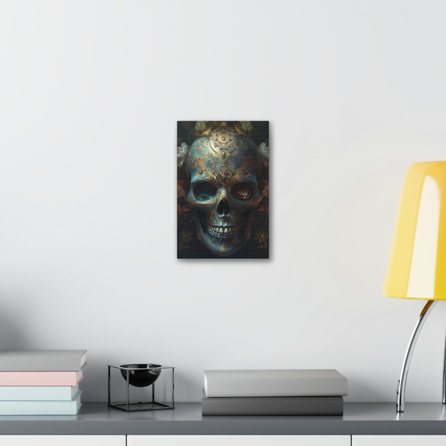 Ornate Skull #1: AI hyper realistic wall art painting of a sky blue skull covered in ornate designs & decorations. The first of many.