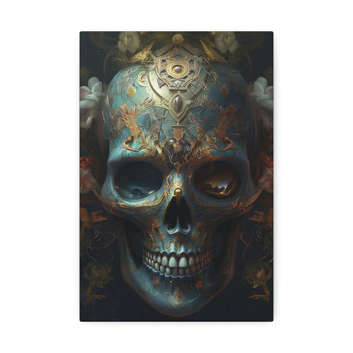 Ornate Skull #1: AI hyper realistic wall art painting of a sky blue skull covered in ornate designs & decorations. The first of many.