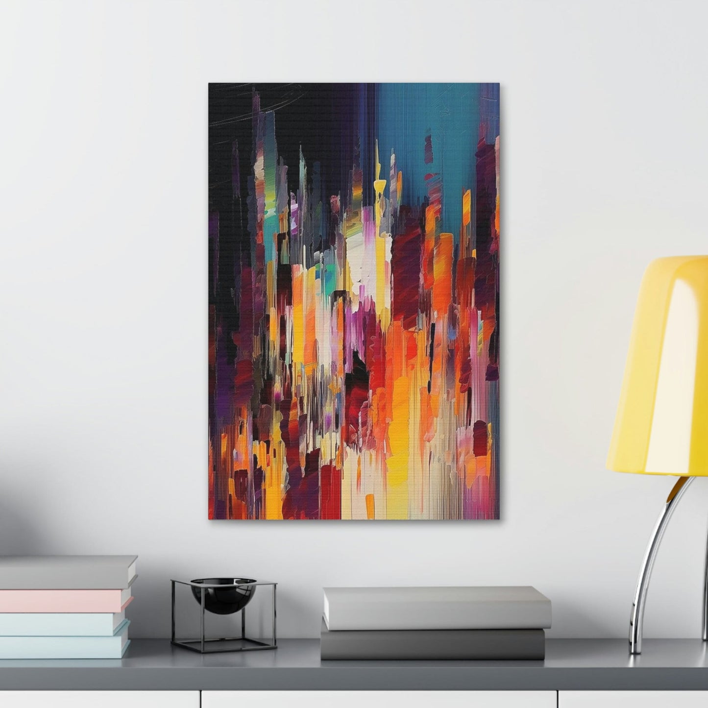 Rainbow Pixel Drip Abstract Painting Print. Ai digital oil painting print meant to resemble a cross between abstract style and pixel art.