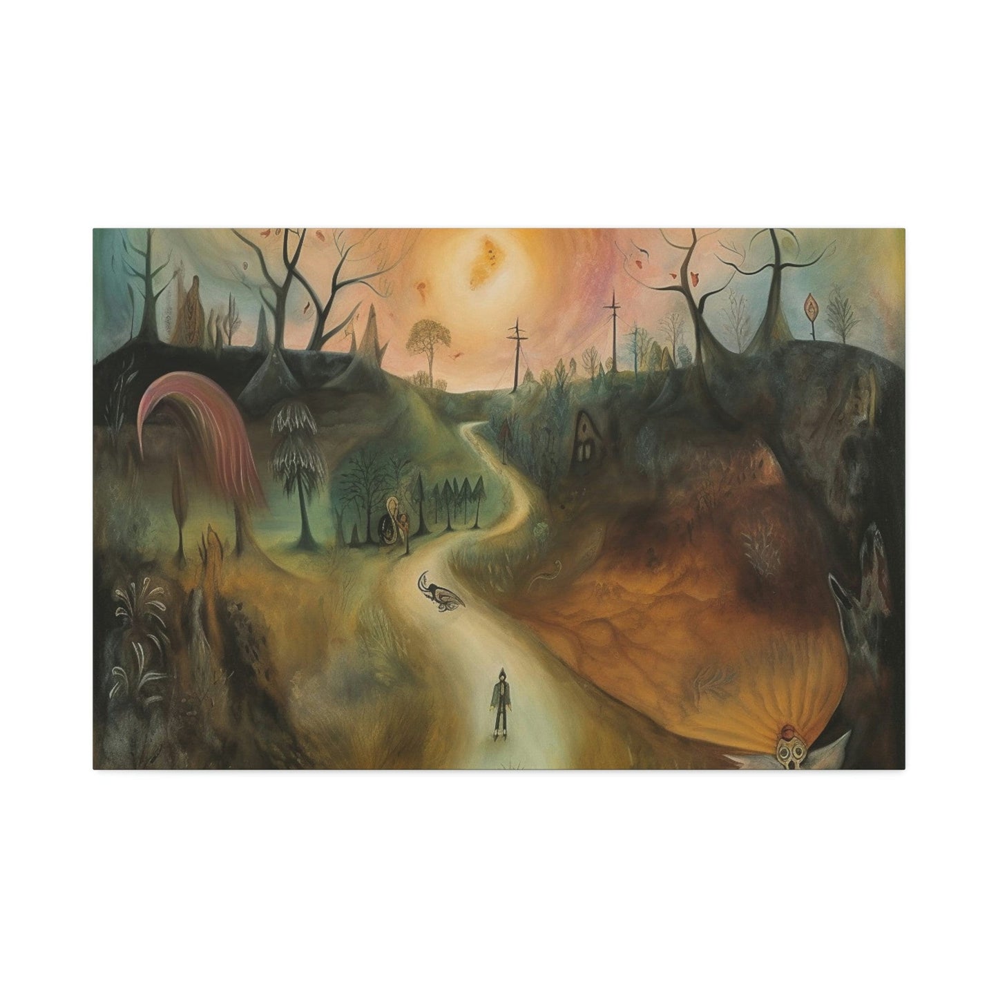 Sleep Paralysis Road: AI generated version of the a Surrealistic piece meant to be haunting and dreamy wall art. Ode to Leonora Carrington.