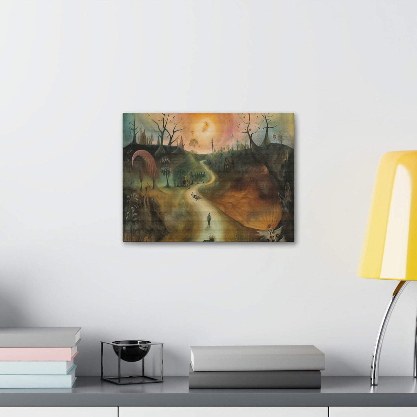 Sleep Paralysis Road: AI generated version of the a Surrealistic piece meant to be haunting and dreamy wall art. Ode to Leonora Carrington.