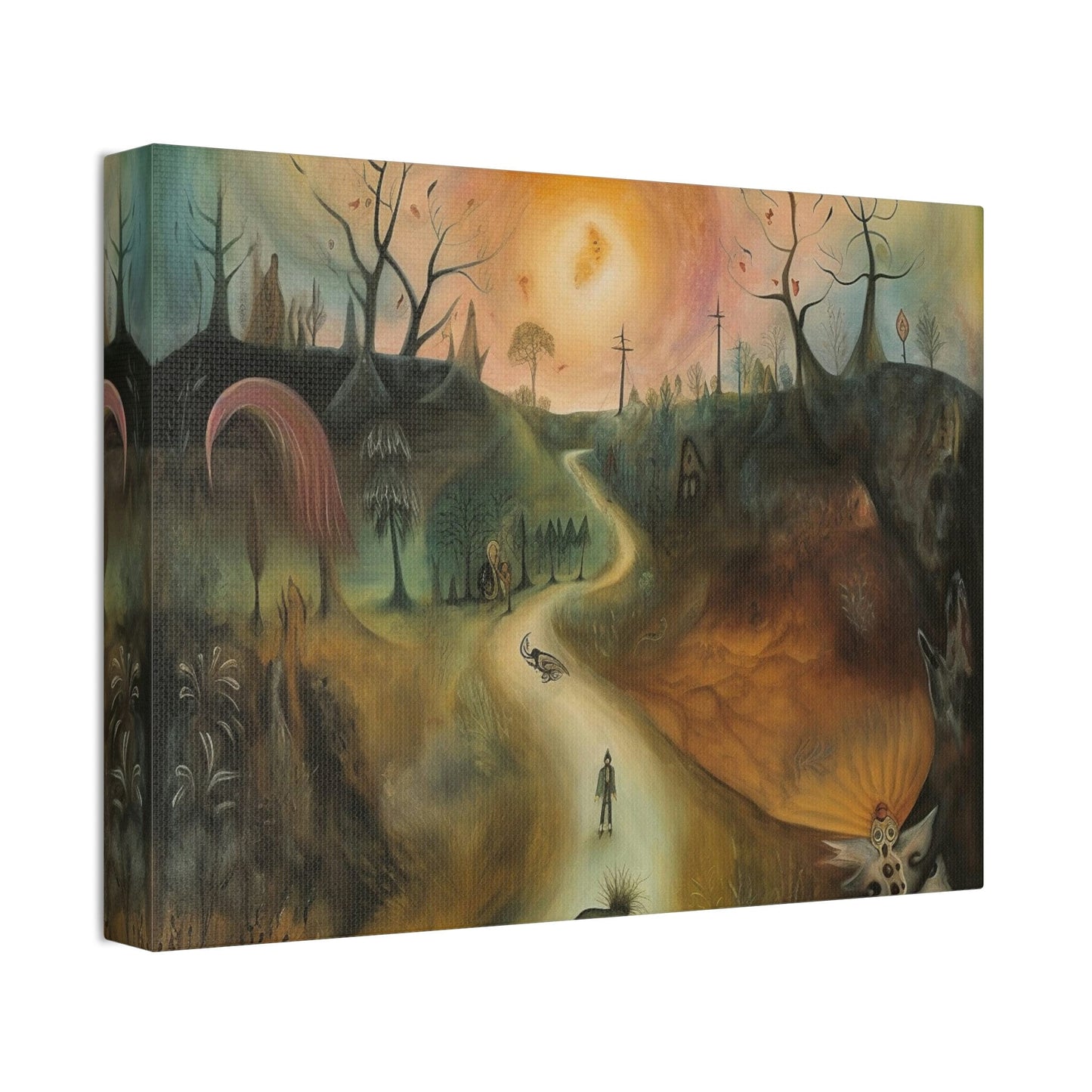 Sleep Paralysis Road: AI generated version of the a Surrealistic piece meant to be haunting and dreamy wall art. Ode to Leonora Carrington.