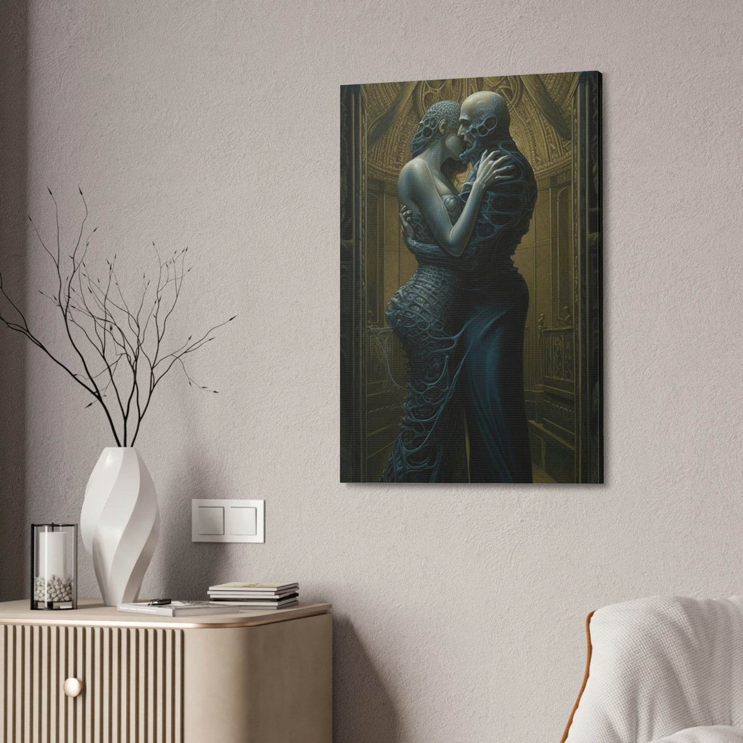 The Embrace: AI generated version mixing styles of H.R Giger with Gustav Klimt's masterpiece, The Kiss.
