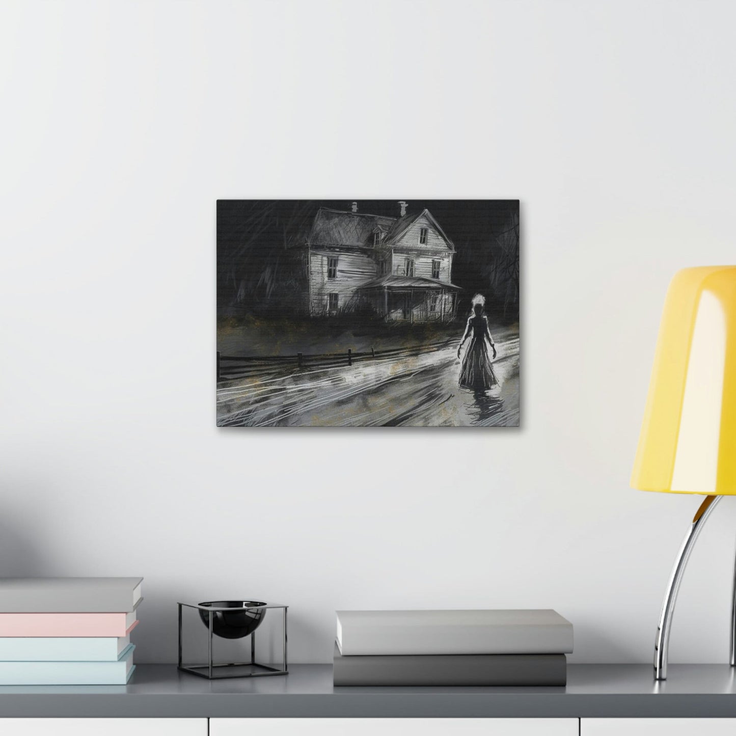 Haunting Charcoal and Pastel Sketch of a slender dark woman on a lonely path by an ominous house: AI generated ominous wall art.