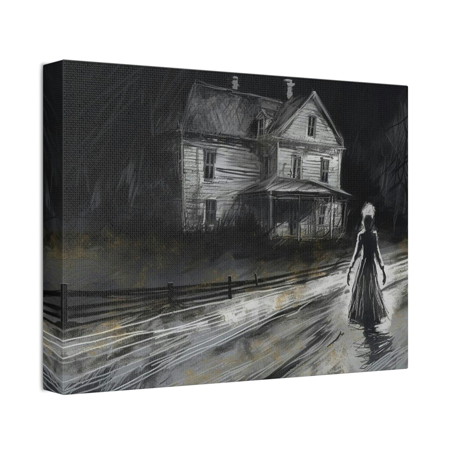 Haunting Charcoal and Pastel Sketch of a slender dark woman on a lonely path by an ominous house: AI generated ominous wall art.