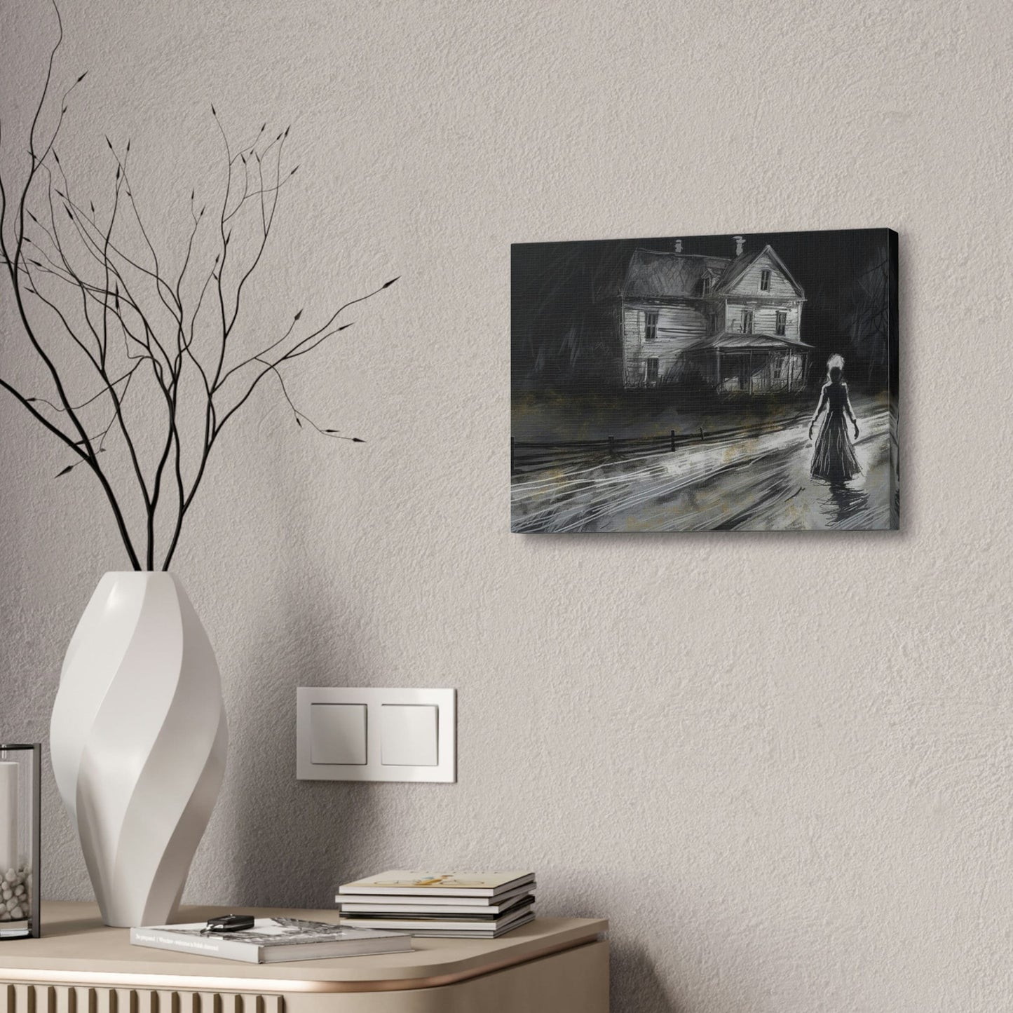 Haunting Charcoal and Pastel Sketch of a slender dark woman on a lonely path by an ominous house: AI generated ominous wall art.