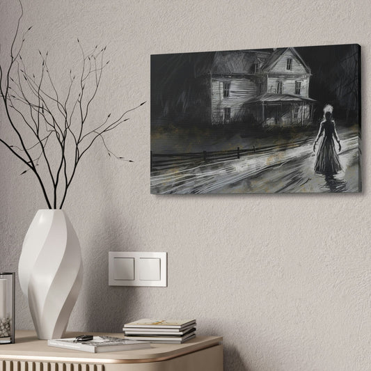 Haunting Charcoal and Pastel Sketch of a slender dark woman on a lonely path by an ominous house: AI generated ominous wall art.