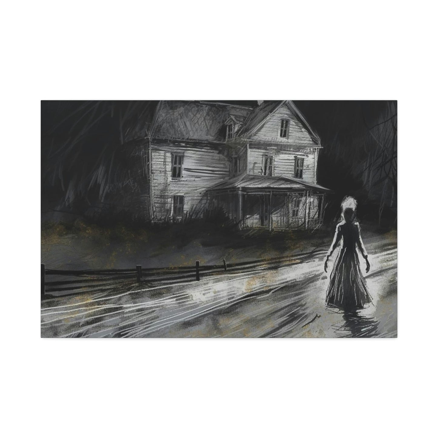 Haunting Charcoal and Pastel Sketch of a slender dark woman on a lonely path by an ominous house: AI generated ominous wall art.